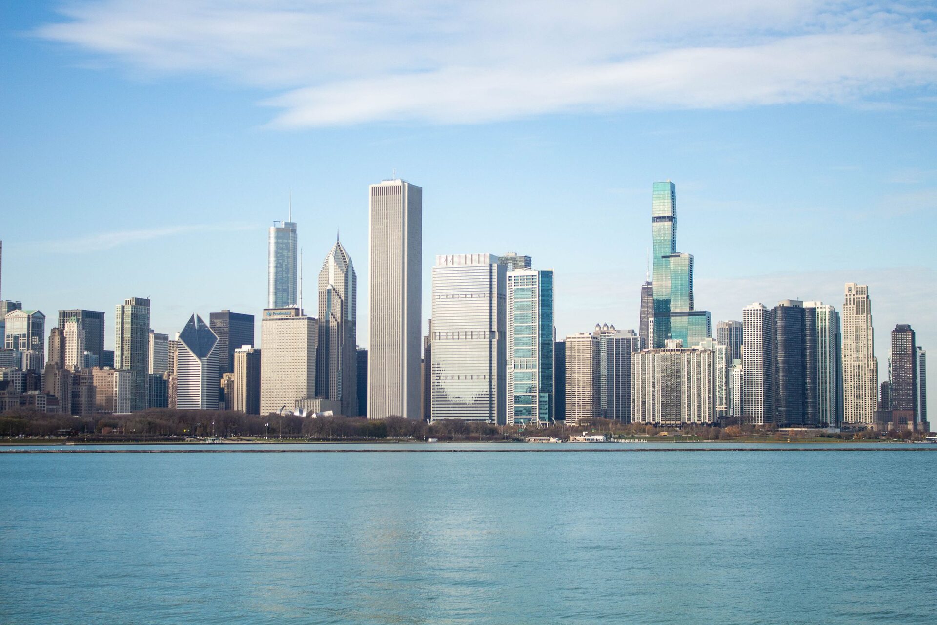 The Chicago skyline with its skyscrapers rising behind the lakefront
