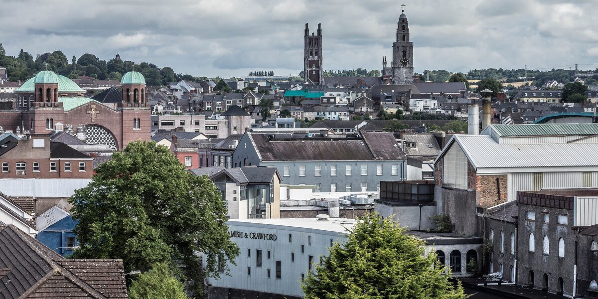 The view from the walls of Elizabeth Fort over Cork's rooftops, with the towers of Shandon and the North Cathedral on the hill behind