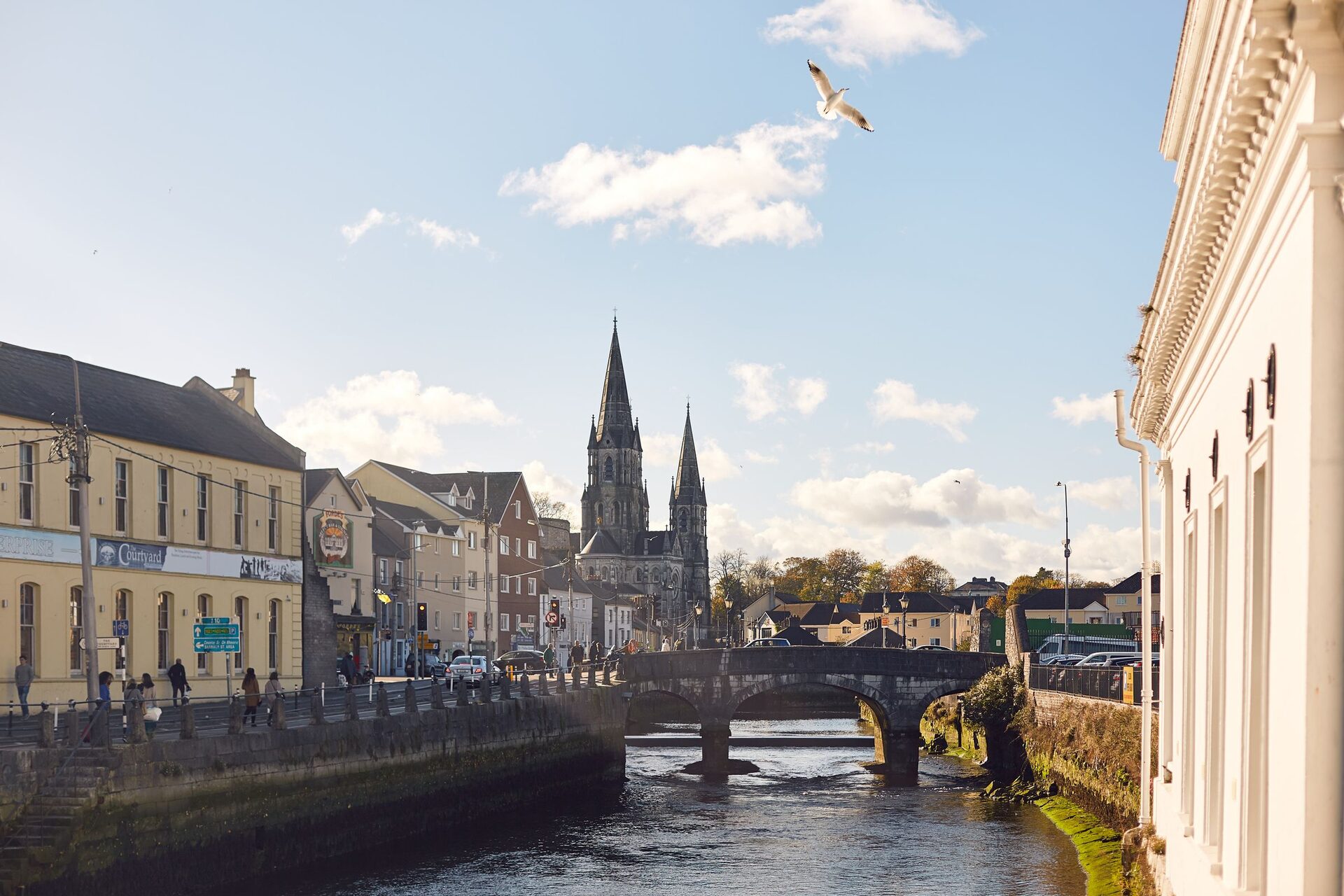 The River Lee in Cork on a sunny day, with old buildings along the quay, a stone bridge and the twin spires of St Fin Barre's Cathedral behind