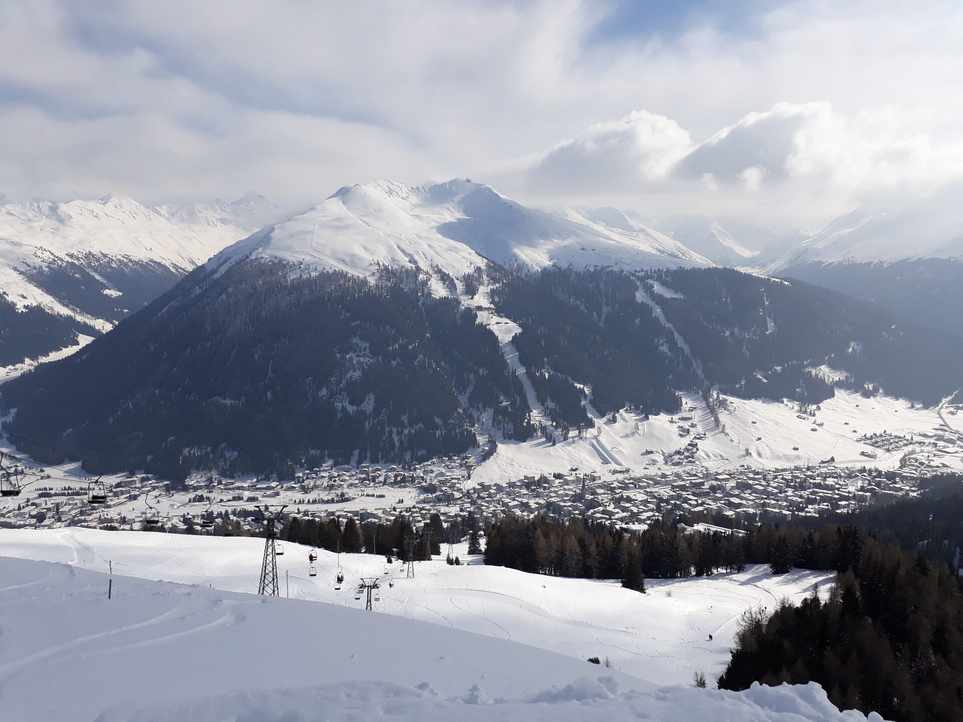 Davos in winter from above: the snowy town in the valley, a steep mountain with ski runs behind it and chairlifts in the foreground