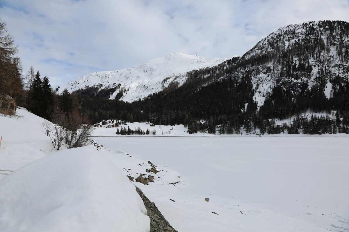 A snow-covered frozen lake with a few chalets on the far shore and a forested, snowy mountain behind (the Pischahorn side of Davos, not the Pischa lift area)