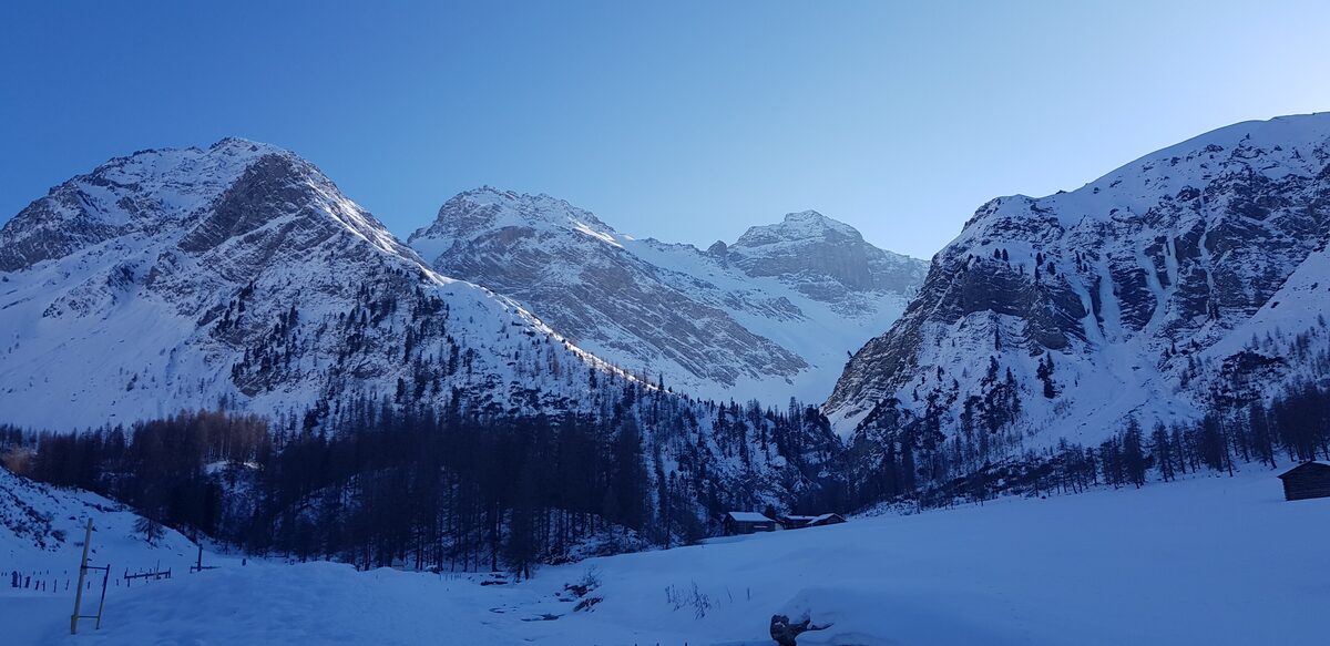 Snow-covered peaks and forest of the Sertig valley above Davos in winter