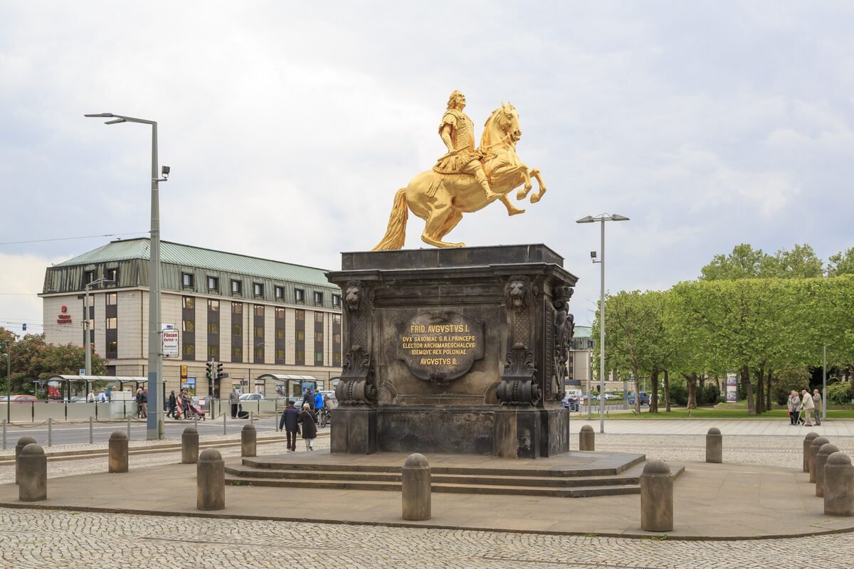 The gilded equestrian statue of Augustus the Strong on its stone pedestal at the Neustädter Markt