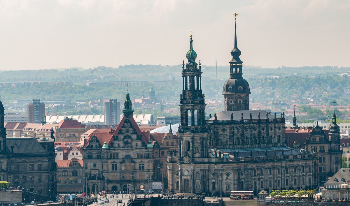 The Hofkirche and the Residenzschloss towers seen from above, with the Neustadt rooftops behind