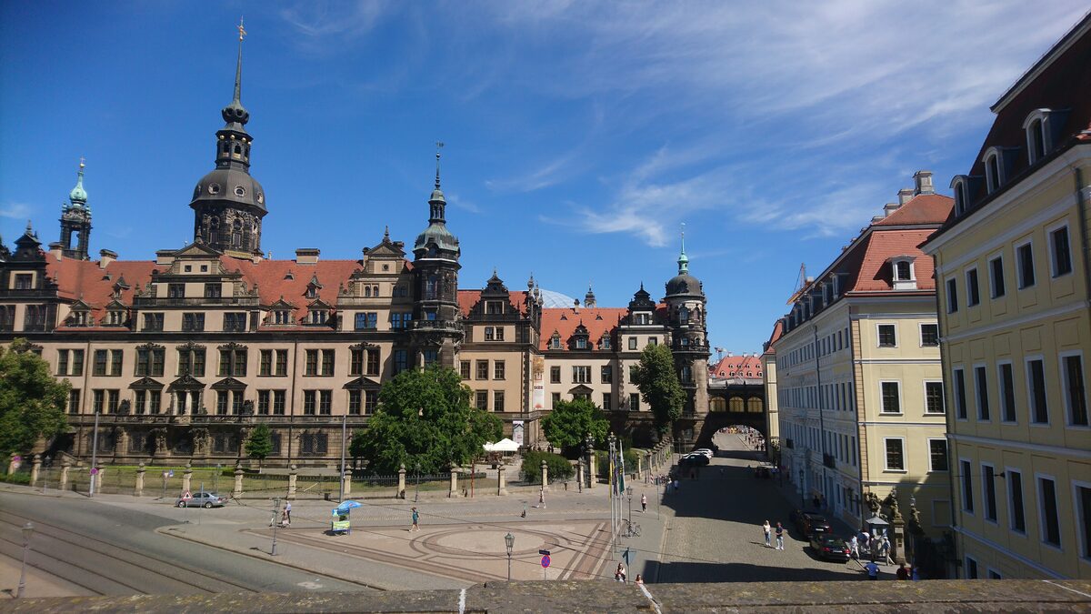 The Residenzschloss with its Hausmannsturm tower, seen across the Schlossplatz from the Taschenbergpalais side