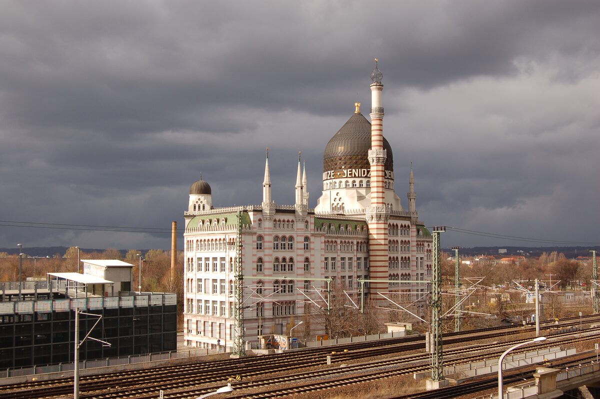 The Yenidze, a former cigarette factory built to look like a mosque, with its glass dome and minaret-style chimney above the railway tracks