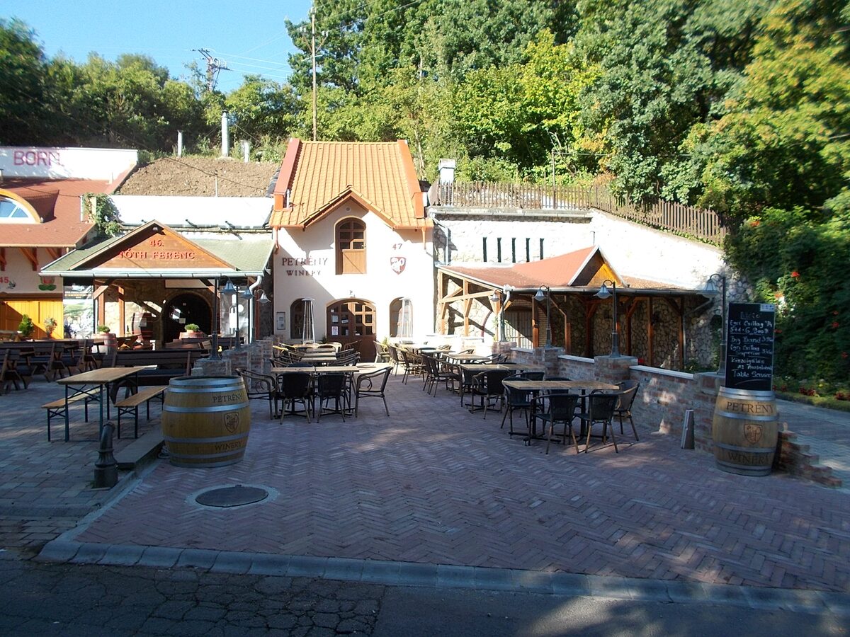 Wine cellar fronts dug into the hillside in the Valley of the Beautiful Women, with terrace tables and wine barrels outside