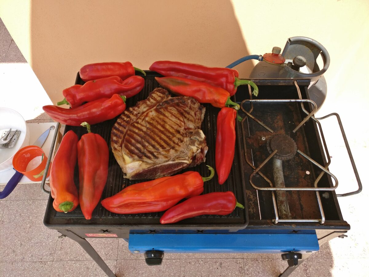 A thick T-bone steak and red peppers grilling side by side on a portable barbecue