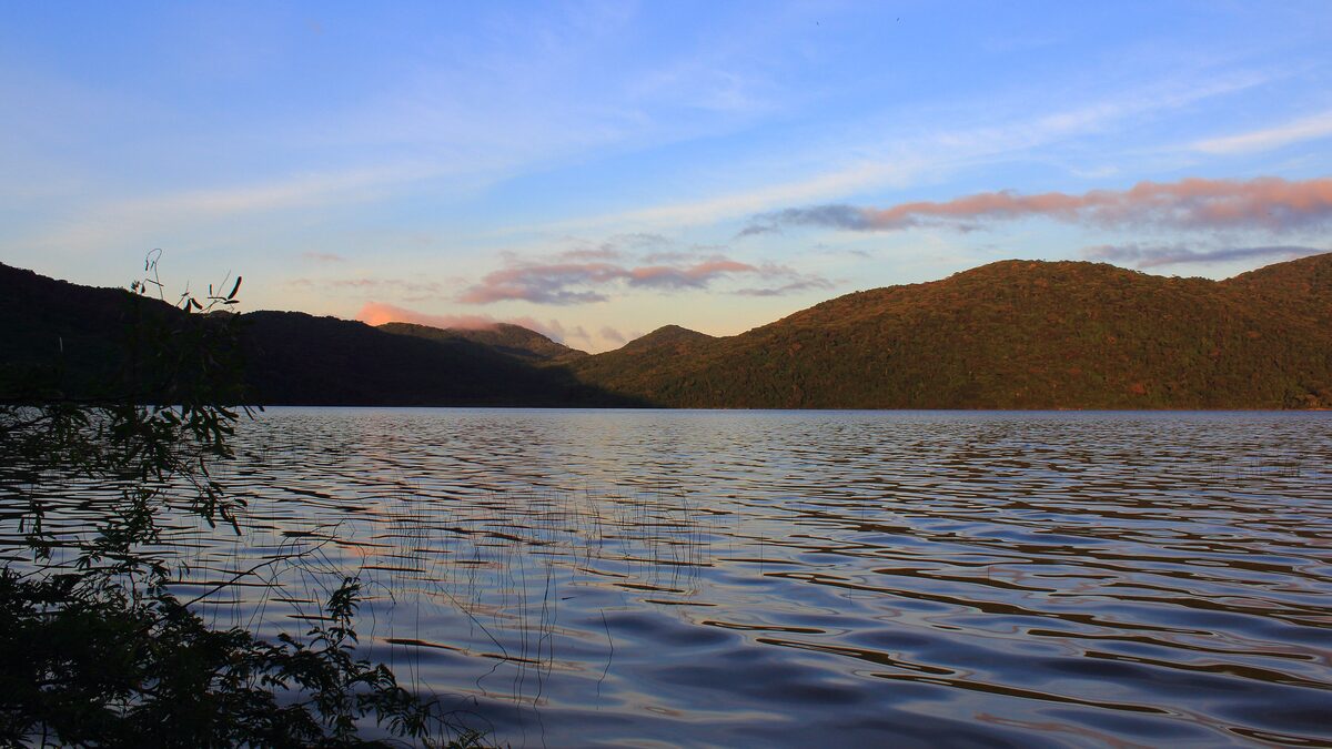 Rippled water of the Lagoa do Peri with reeds in the foreground and forested hills glowing orange in low sun under a blue and pink sky