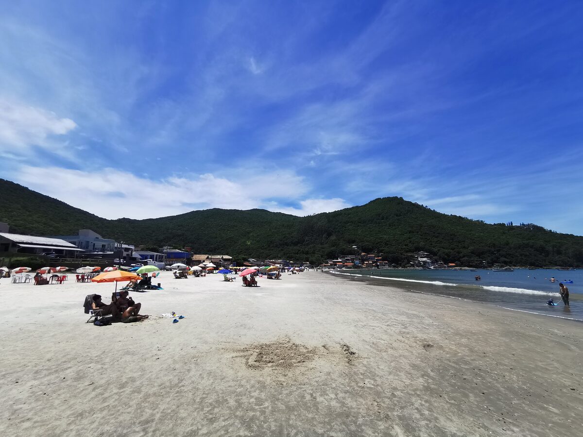 Pântano do Sul beach in bright sun: pale sand with a scatter of umbrellas, a row of waterfront buildings and a green hill behind