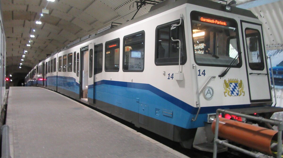 Cog railway train 14 waiting at the platform inside the Zugspitzplatt station tunnel