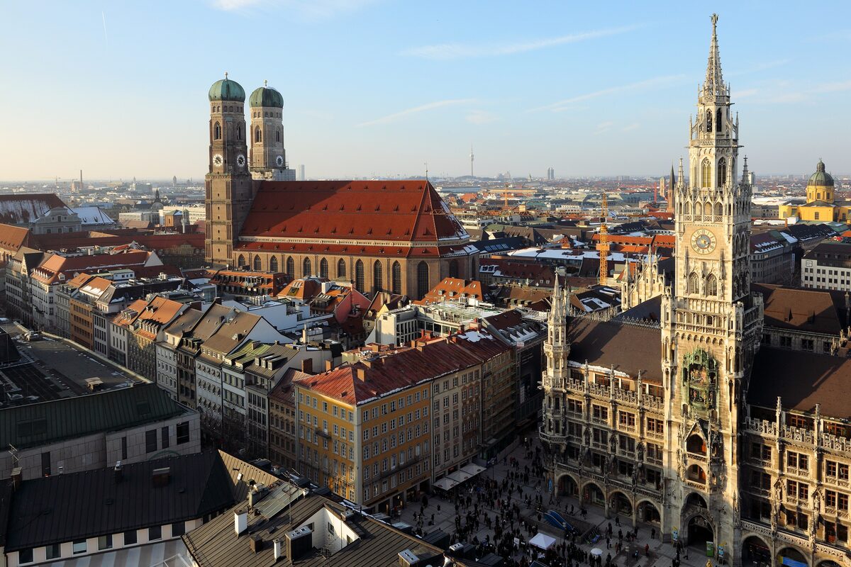 Aerial view of Munich with the twin domes of the Frauenkirche and the Gothic New Town Hall on Marienplatz