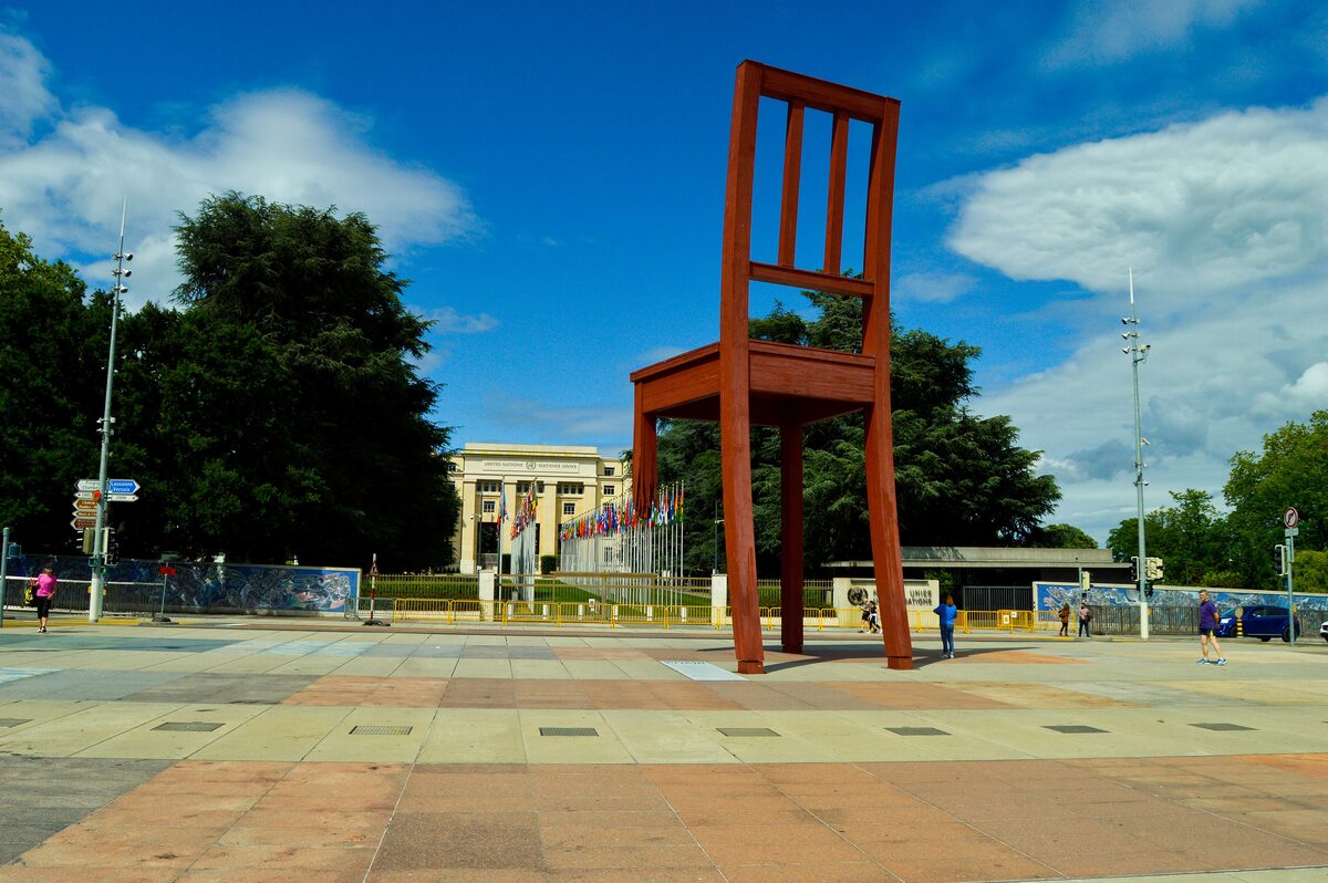 The Broken Chair, a huge red sculpture with one shortened leg, on the square in front of the UN