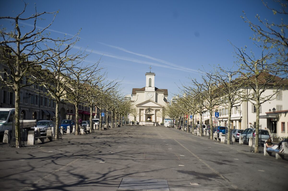 A tree-lined street in Carouge leading to a white church at the far end