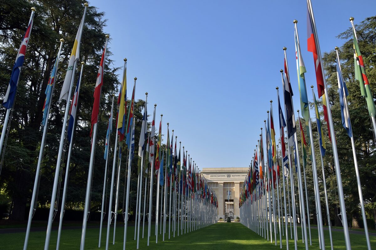 The long alley of national flags on tall poles leading to the Palais des Nations under a blue sky