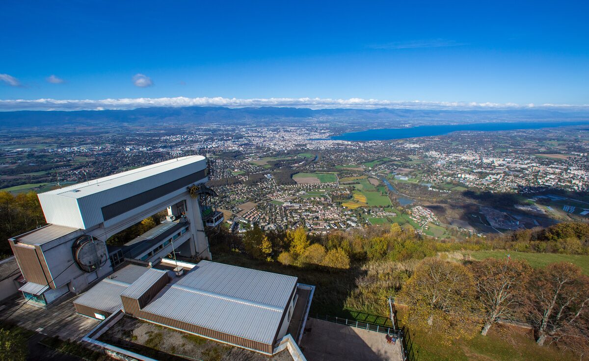The Salève summit station with its terrace and the view down over Geneva and its lake