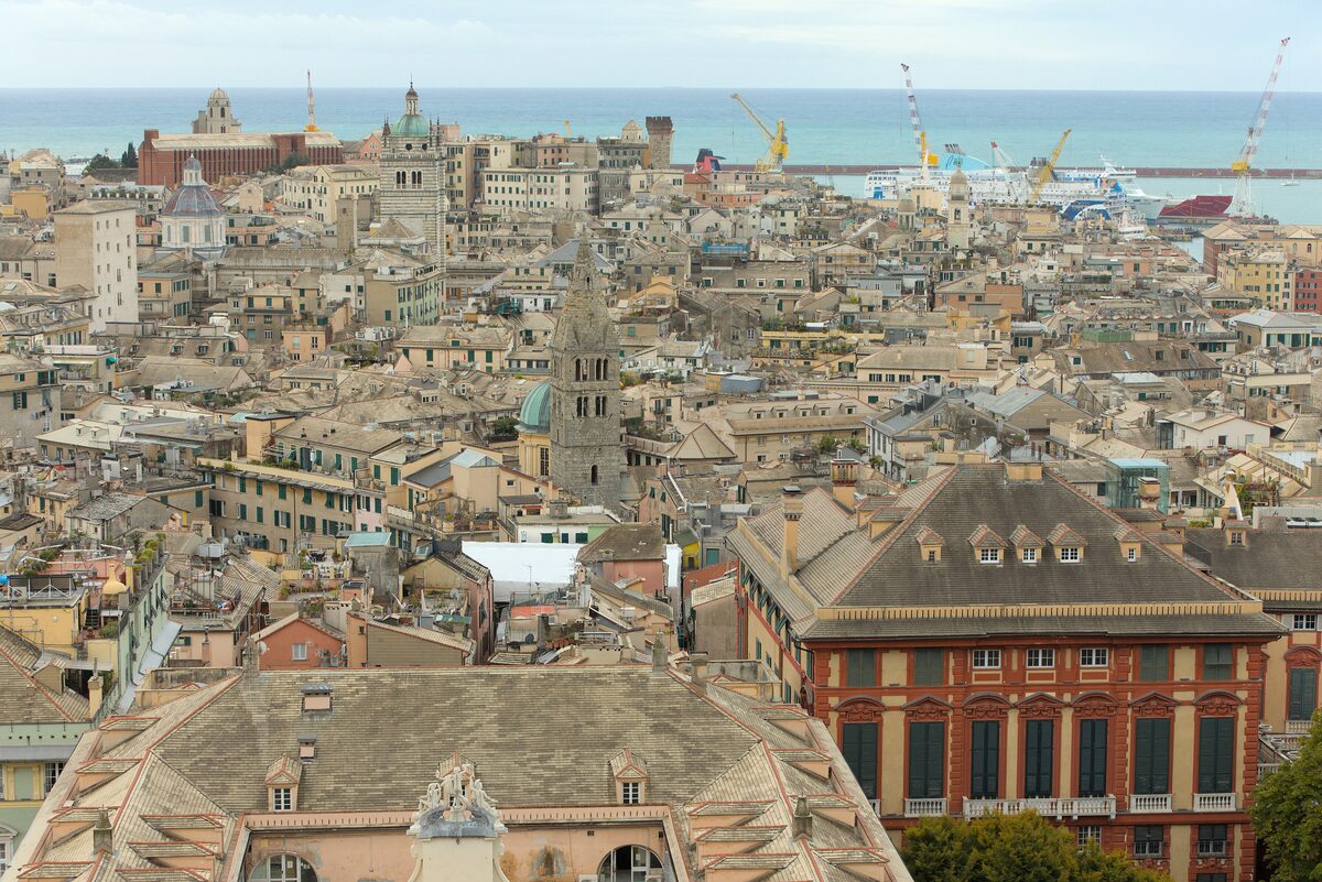 Old town rooftops and the harbor seen from the Belvedere Montaldo at Castelletto