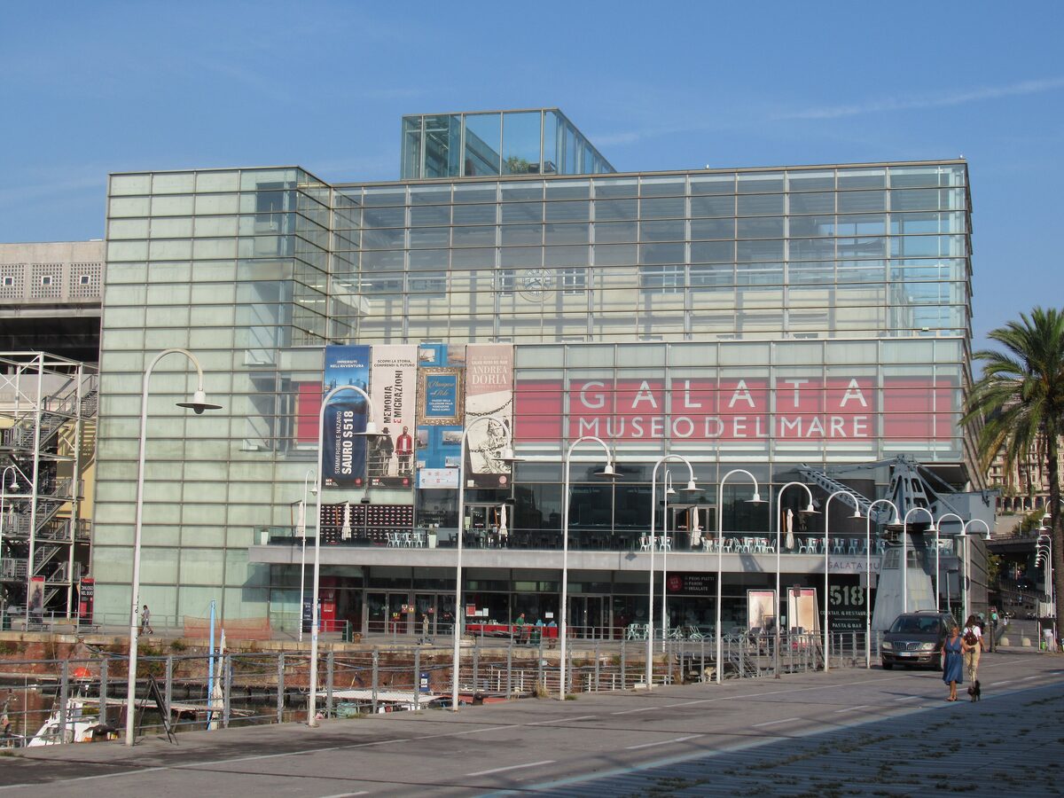 The glass front of the Galata Museo del Mare on the old port quay