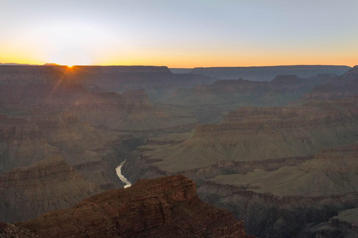 Sunset over the canyon from Hopi Point with the river far below