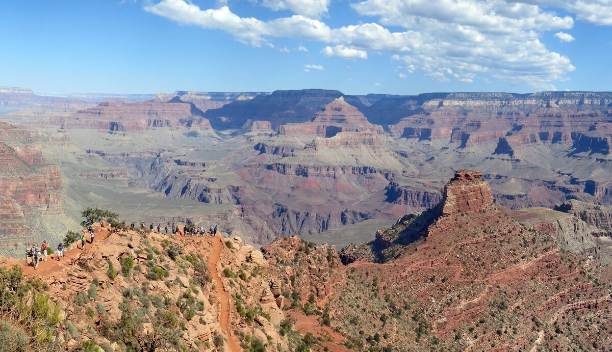 The South Kaibab Trail winding along the ridge toward Cedar Ridge