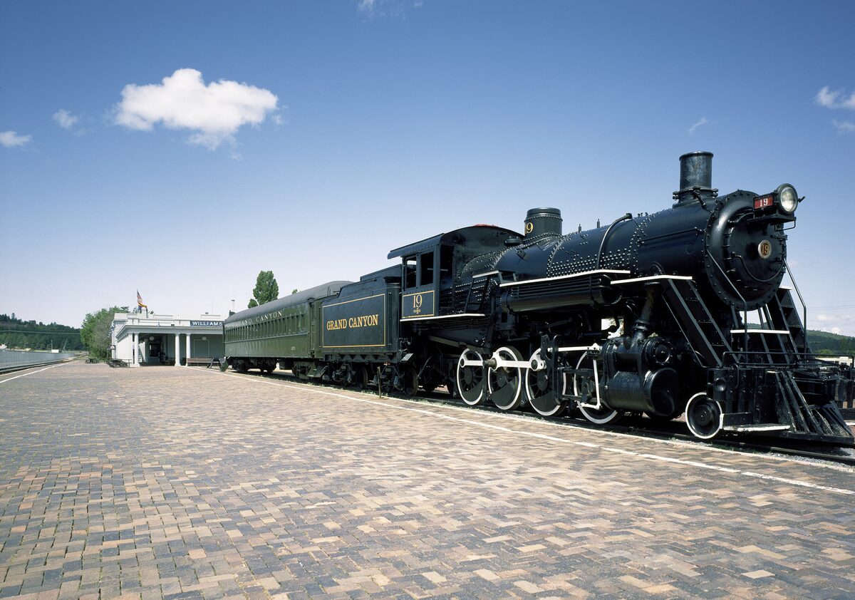Williams depot with a steam locomotive, the town's main draw