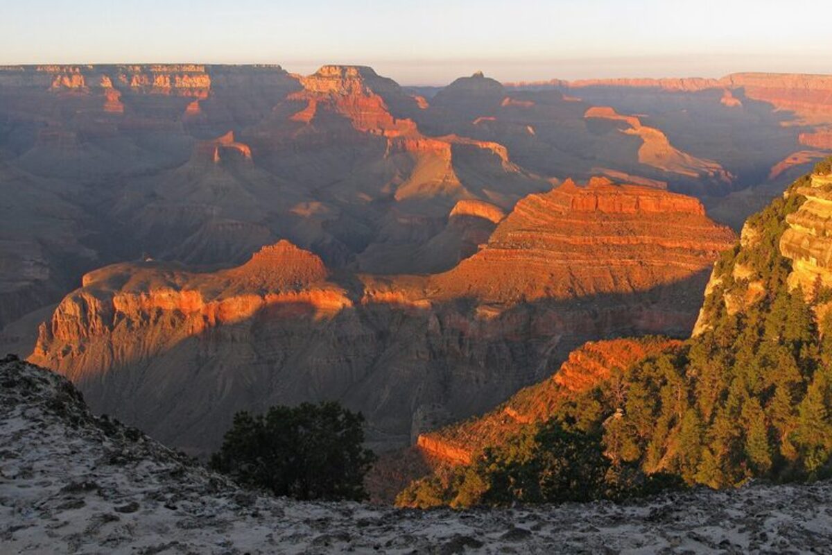 Golden evening light on canyon buttes seen from near Yaki Point