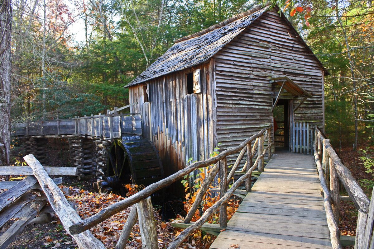 John Cable's wooden grist mill and its water wheel at Cades Cove