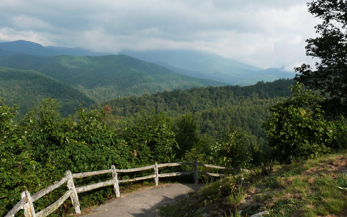 Forested slopes above Cataloochee Valley from an overlook with a wooden fence