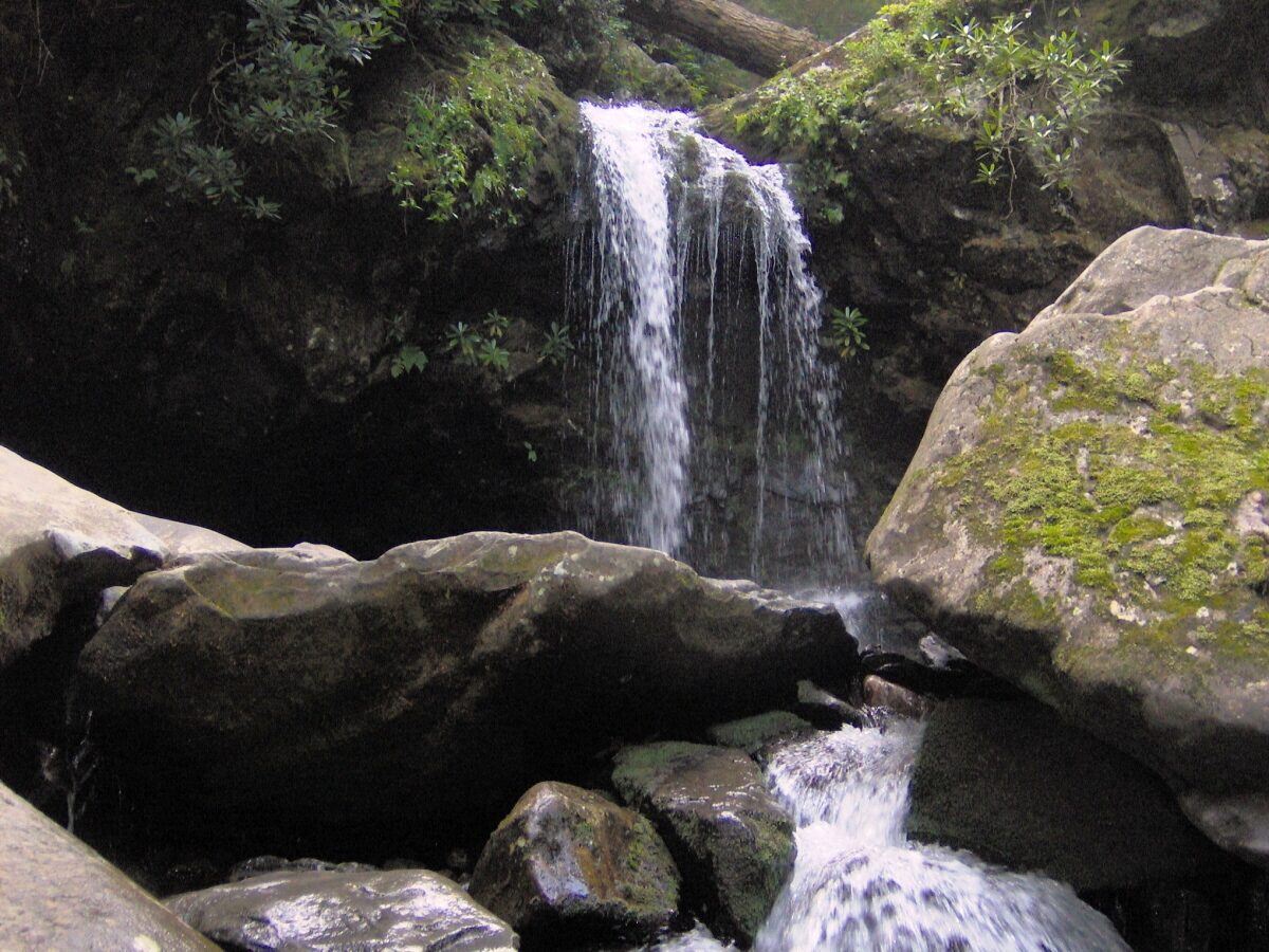 Grotto Falls dropping over a dark ledge into mossy boulders