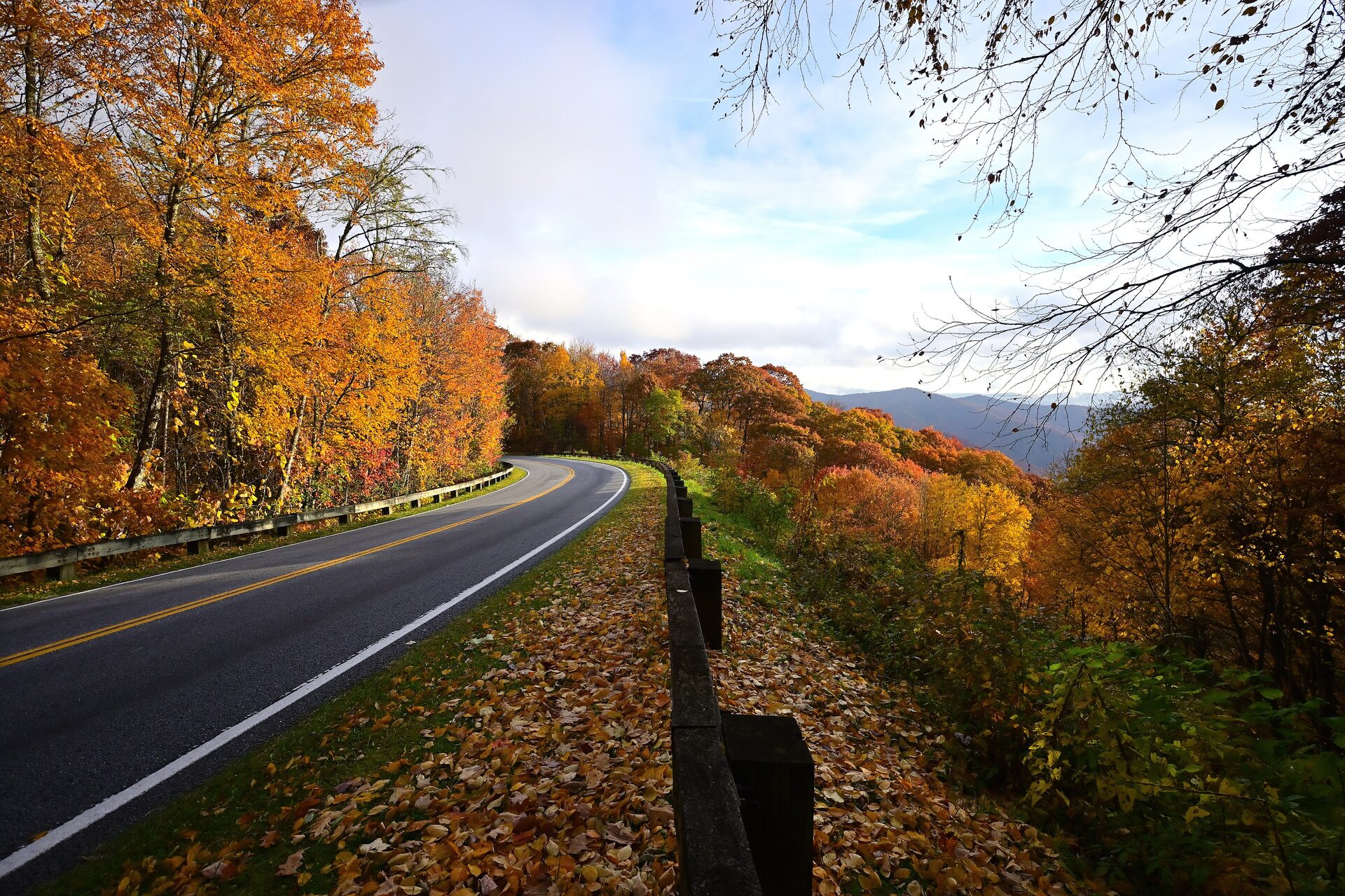 Newfound Gap Road curving through autumn forest toward distant Smoky Mountain ridges