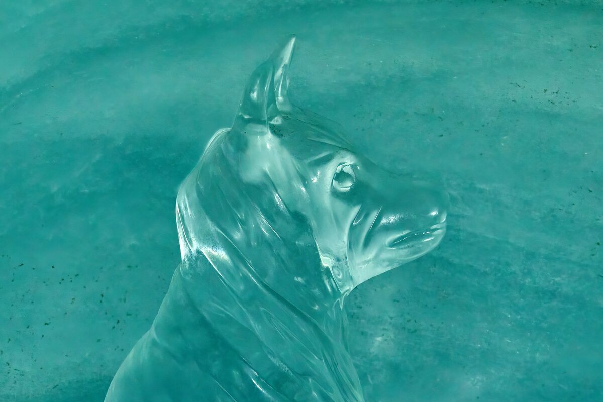 An animal figure carved in blue-green ice in the Ice Palace at the Jungfraujoch