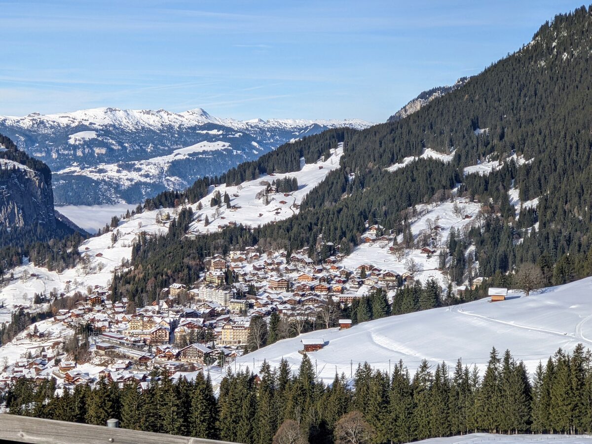 The village of Wengen on its snowy slope above the Lauterbrunnen valley