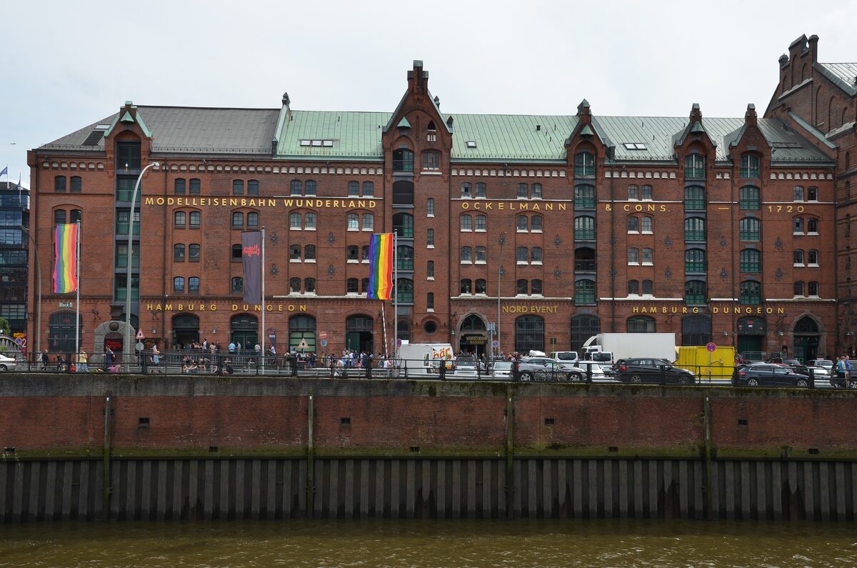 The long red-brick warehouse in the Speicherstadt that houses Miniatur Wunderland, seen across the canal