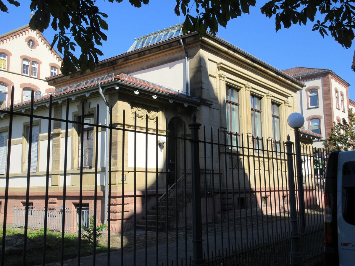 The building of the Prinzhorn Collection seen through an iron fence, with a glazed roof over the entrance