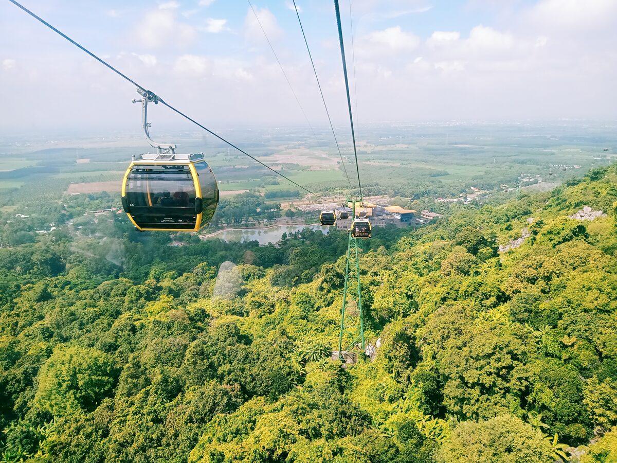 Cable car gondolas rising over the forest on the slopes of Black Virgin Mountain