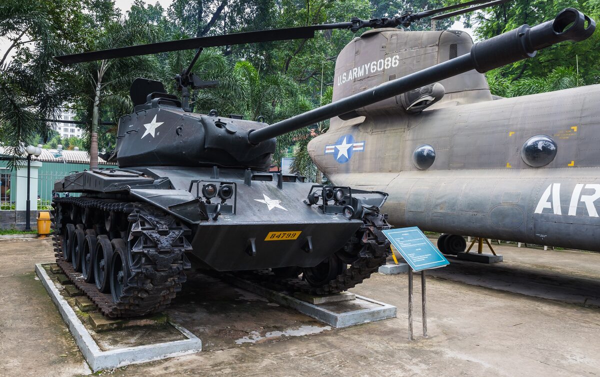 A US M-41 tank and a Chinook helicopter on display in the yard of the War Remnants Museum