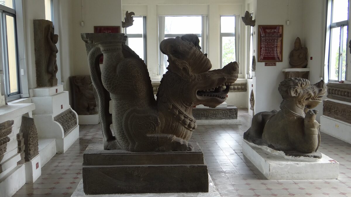 Stone guardian statues in the Museum of Cham Sculpture in Da Nang