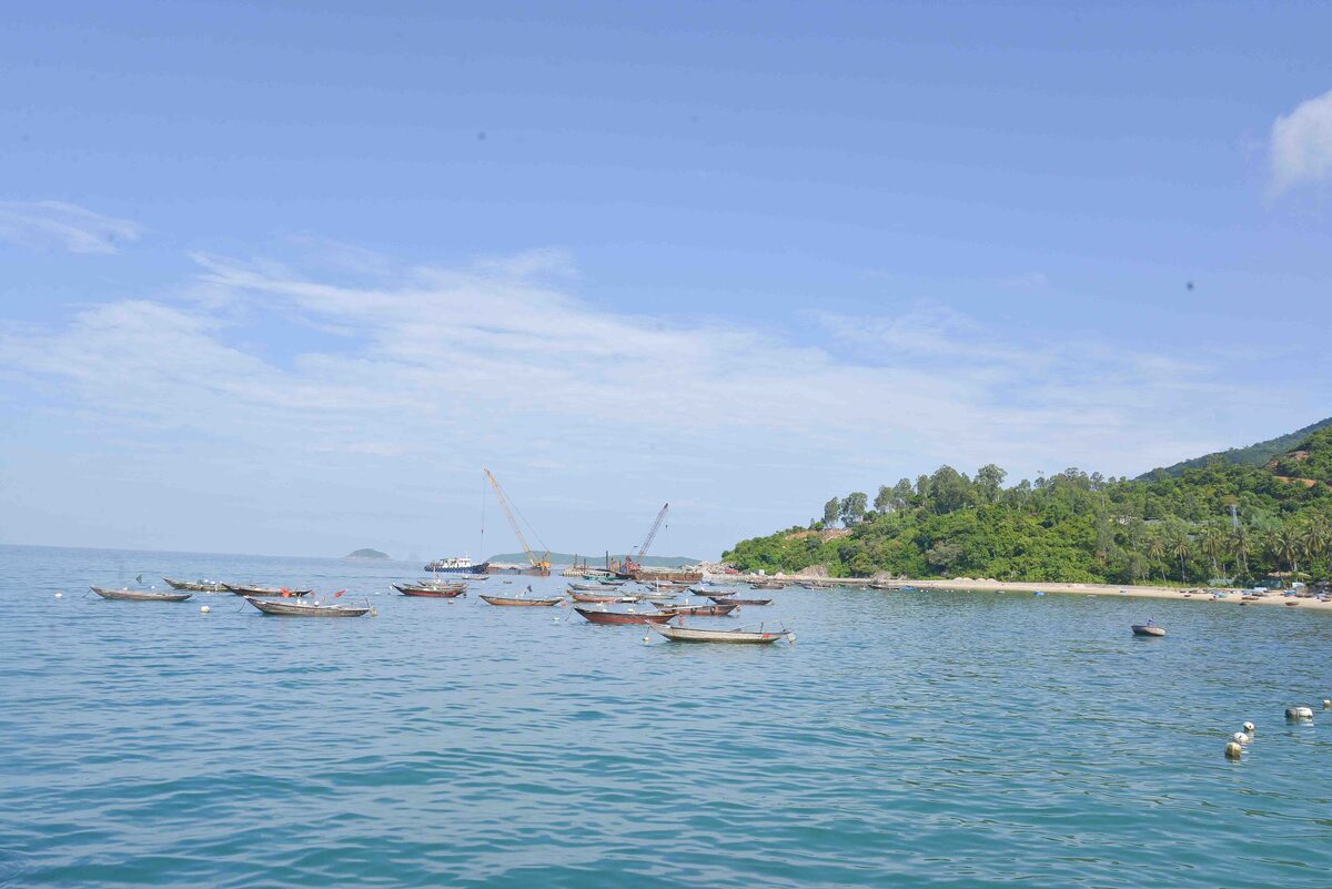 Fishing boats anchored in a bay of Cu Lao Cham with forested hills along the shore