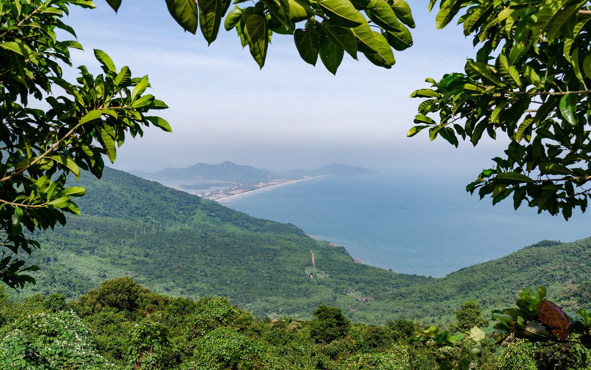 View from Hai Van Pass down the forested slopes to the sea and the beaches of Lang Co