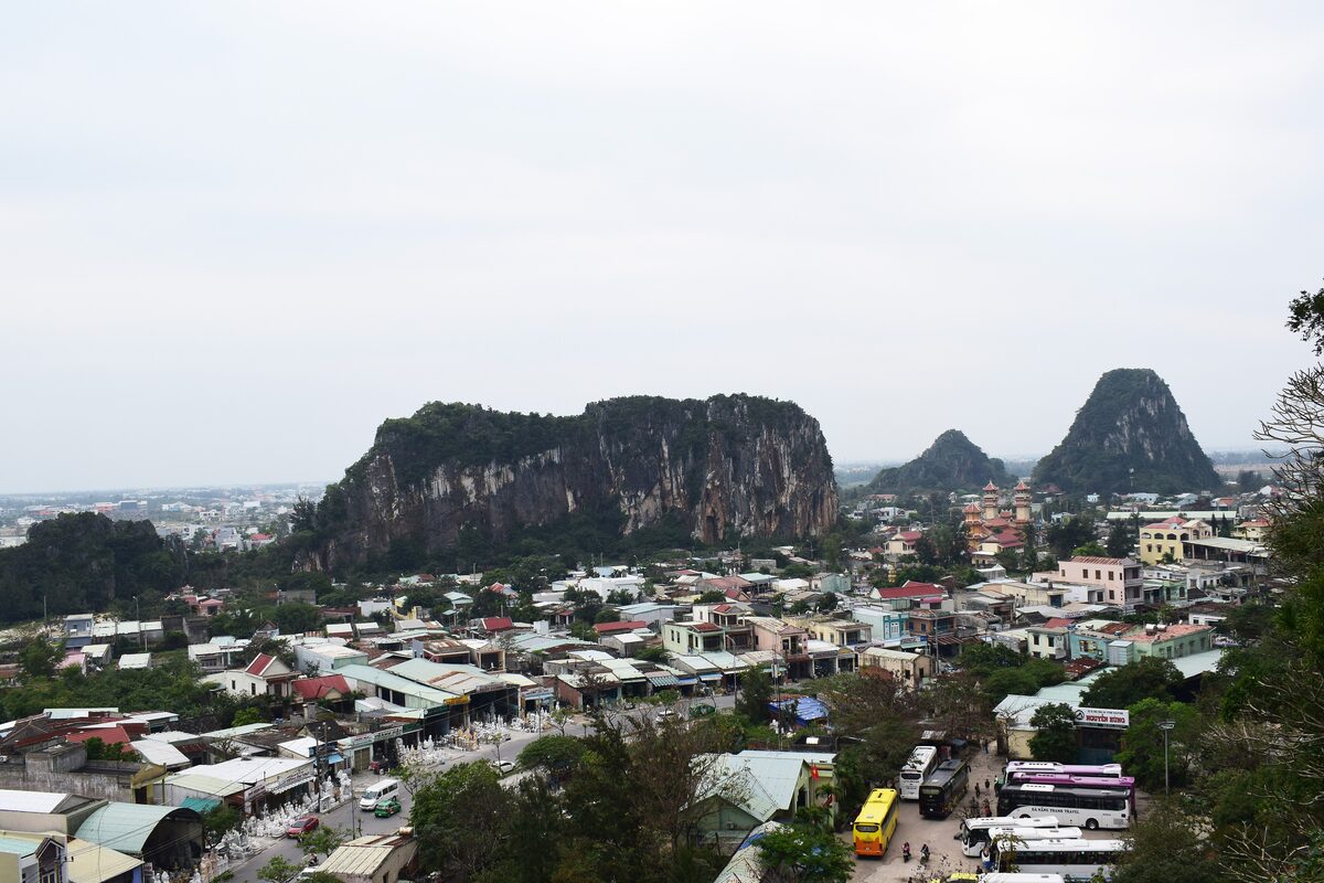 The Marble Mountains rising above the city of Da Nang, seen from the hill above