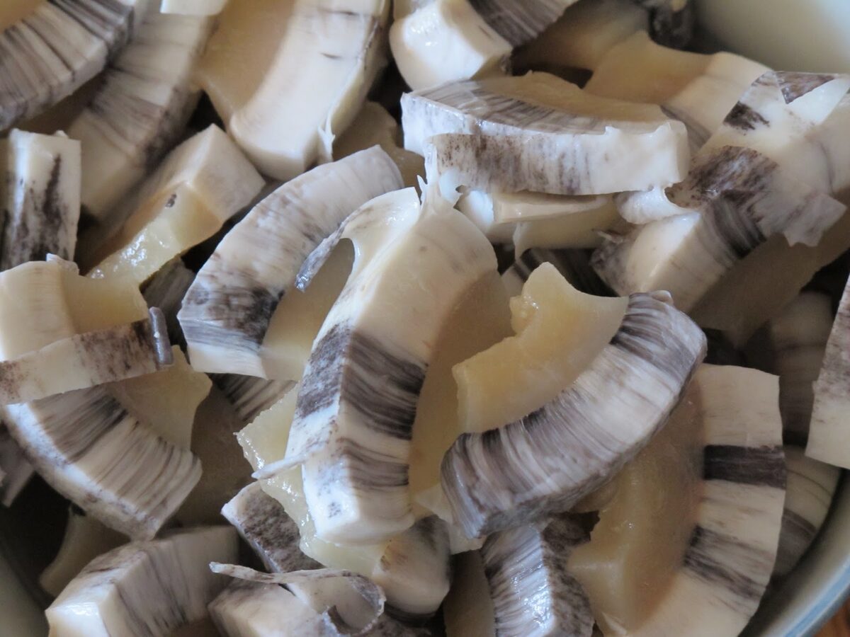 Cut pieces of mattak, whale skin with its thin layer of blubber, piled in a bowl