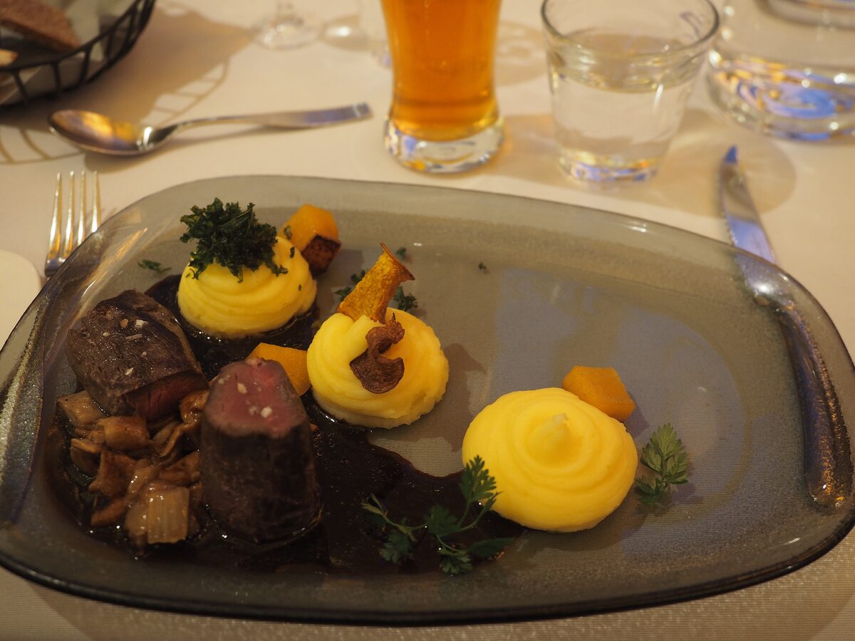 Reindeer fillet medallions with mashed potatoes and mushrooms on a grey plate