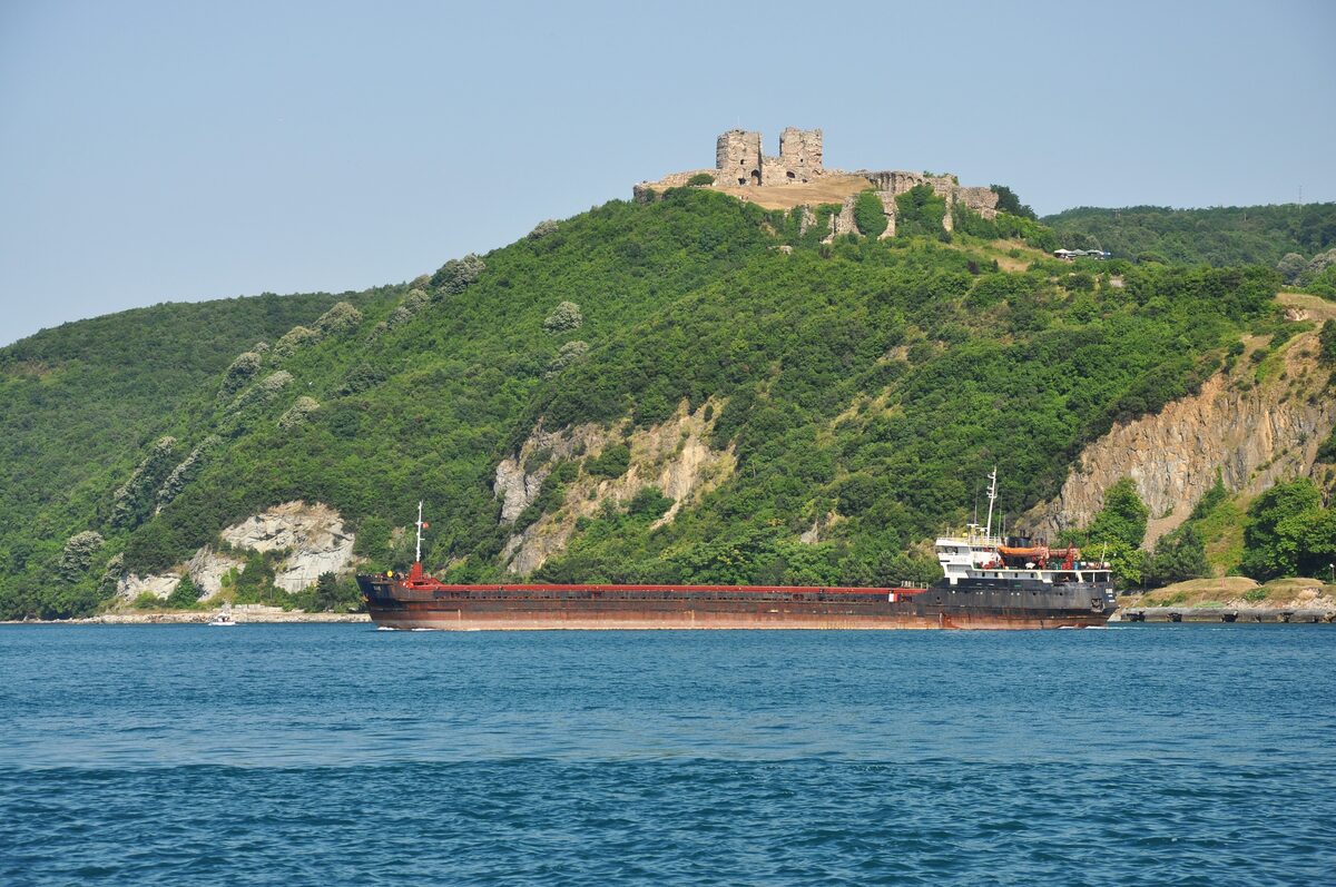 The ruins of Yoros Castle on a wooded hill above Anadolu Kavağı, with a cargo ship on the Bosphorus