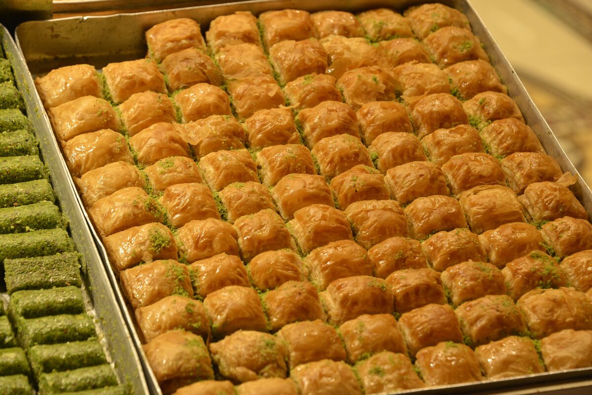 Trays of baklava with walnut and pistachio at a stall in the Spice Bazaar