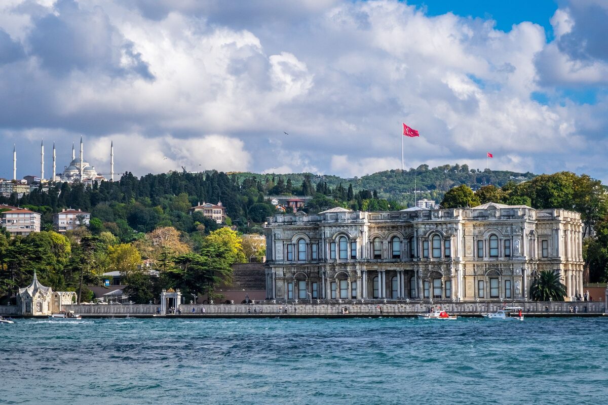 The white Beylerbeyi Palace on the Asian shore of the Bosphorus, seen from the water