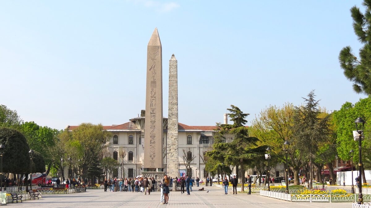 The hieroglyph-covered Obelisk of Theodosius and the rough stone Walled Obelisk on the old Hippodrome square