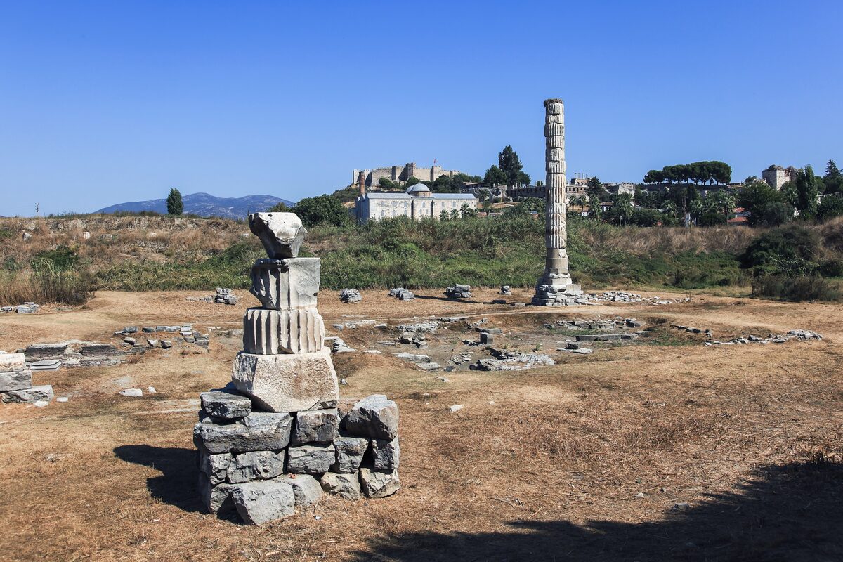 A single reconstructed column standing in a grassy field at the site of the Temple of Artemis, with the Basilica of St. John and İsa Bey Mosque on the hill behind