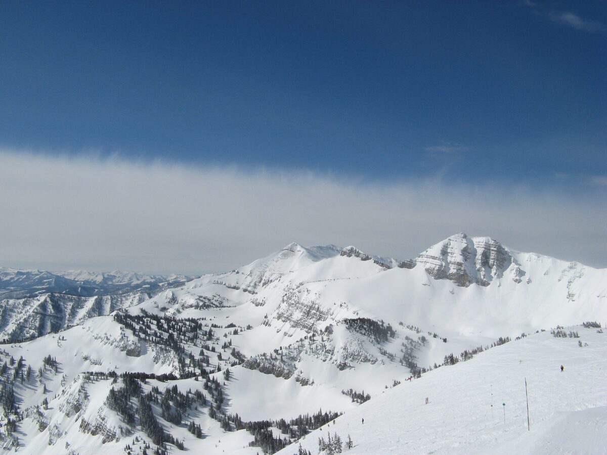 Snow-covered peaks seen from the top of Rendezvous Bowl at Jackson Hole Mountain Resort