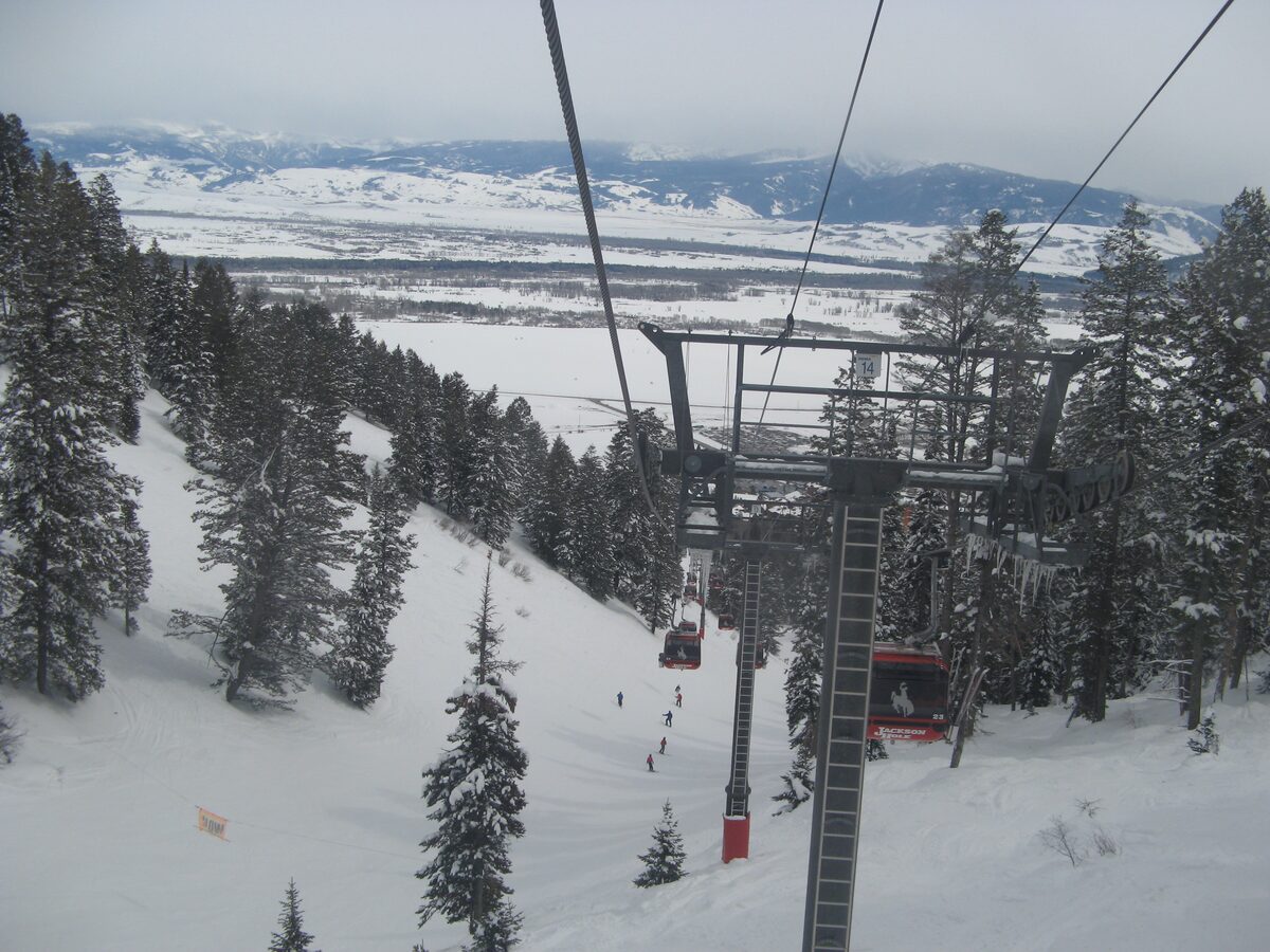 The Bridger Gondola climbing over snowy slopes and pine trees at Jackson Hole in March
