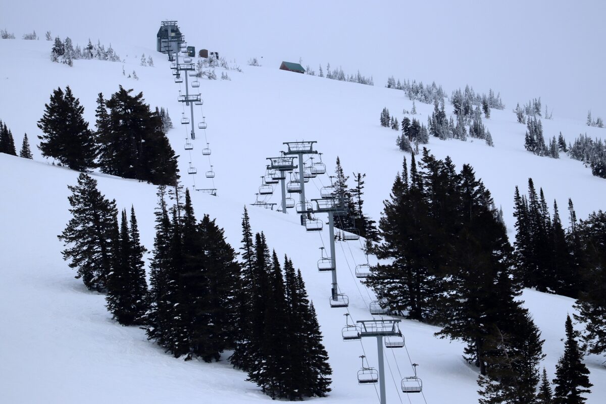 Chairlifts climbing a snowy slope through conifers at Grand Targhee Resort, looking up the Dreamcatcher lift